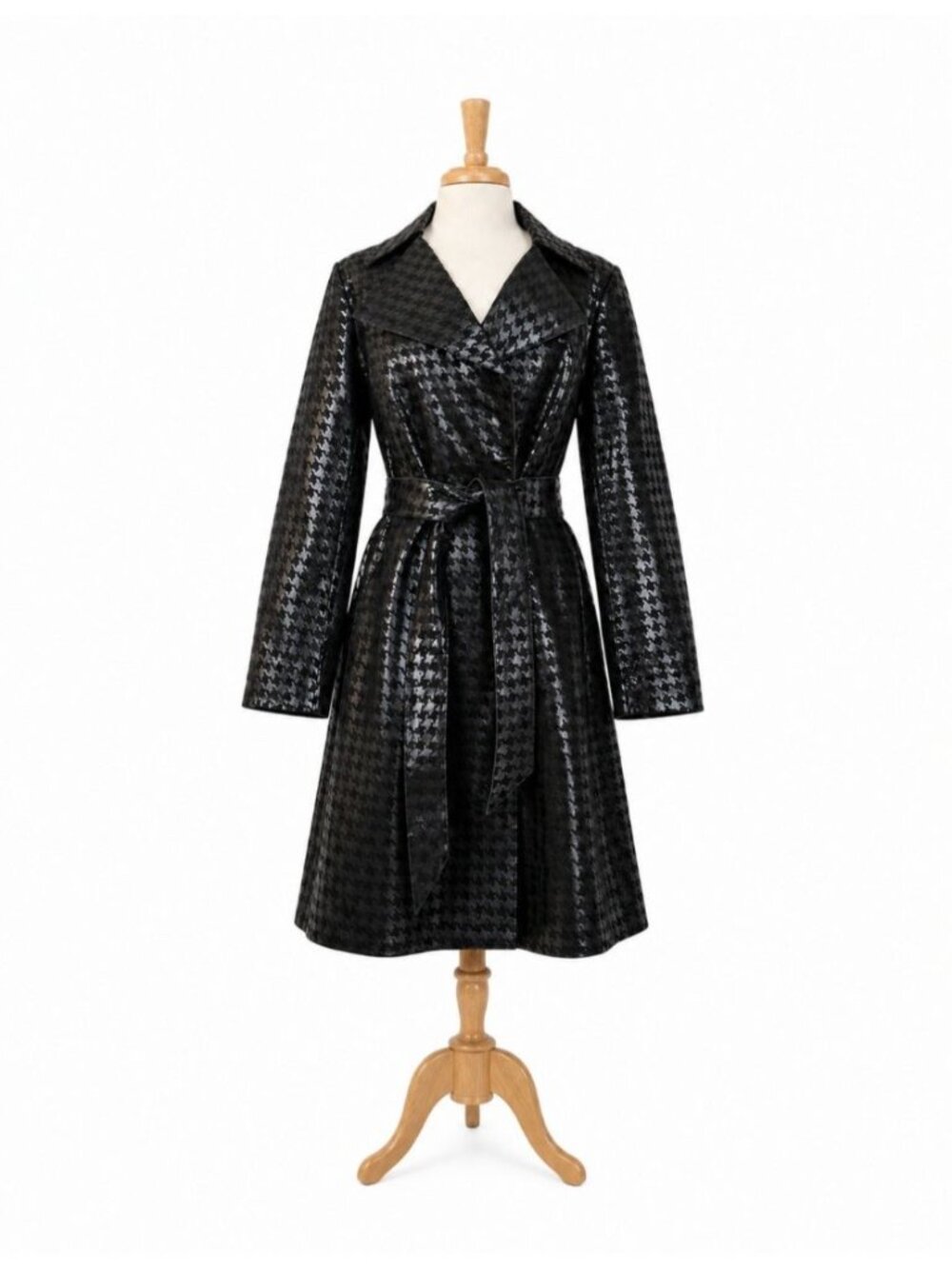 Cache NWT Genuine Leather Houndstooth Trench Coat Belted Black Women M